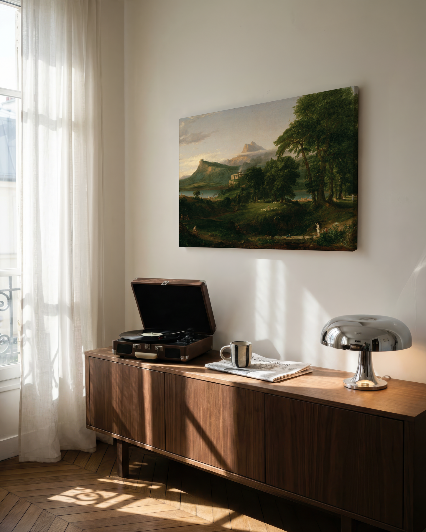 Reproduction du tableau "Le Cours de l'Empire : L'État Arcadien" de Thomas Cole — impression d'art Melanchromia